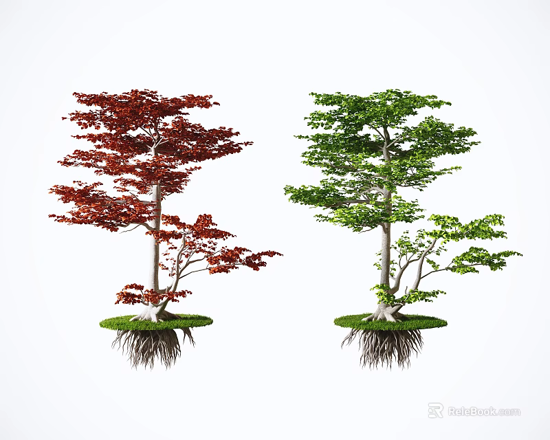 Two Floating Arbor Trees With Red Green Leaves Exposed Roots And Green Grass Mats 3d model 