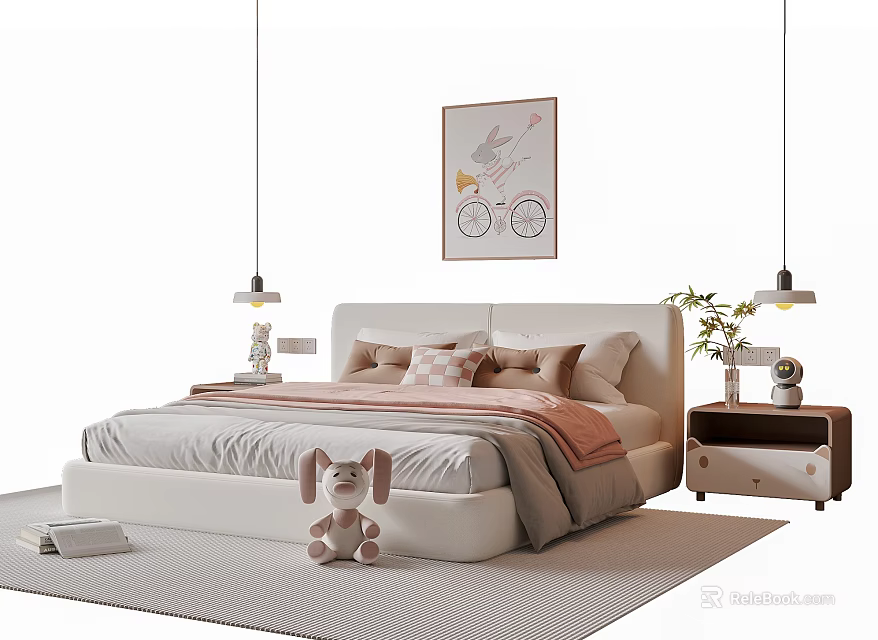 Cute Children's Bed With Soft Bedding Plush Rabbit Toy And Decorative Wall Art 3d model 
