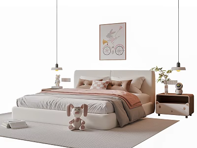 Cute Children's Bed With Soft Bedding Plush Rabbit Toy And Decorative Wall Art 3d model