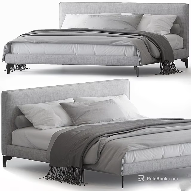 Modern Minimalist Double Bed With Upholstered Headboard Gray Bedding And Pillows 3d model 