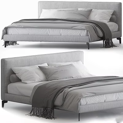 Modern Minimalist Double Bed With Upholstered Headboard Gray Bedding And Pillows 3d model