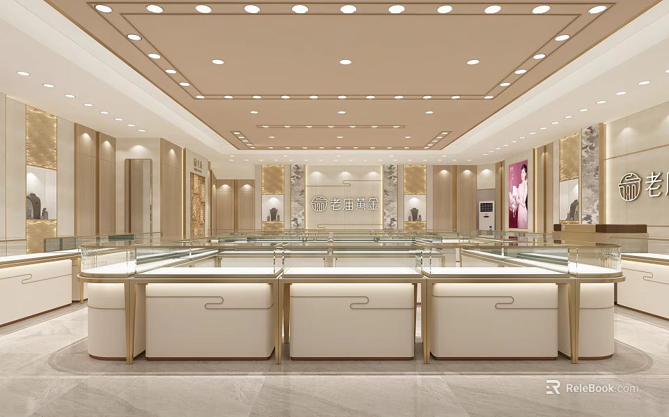 Luxurious Jewelry Store Interior with Elegant Display Counters and Modern Lighting for Exquisite Gemstone Displays 3d model 