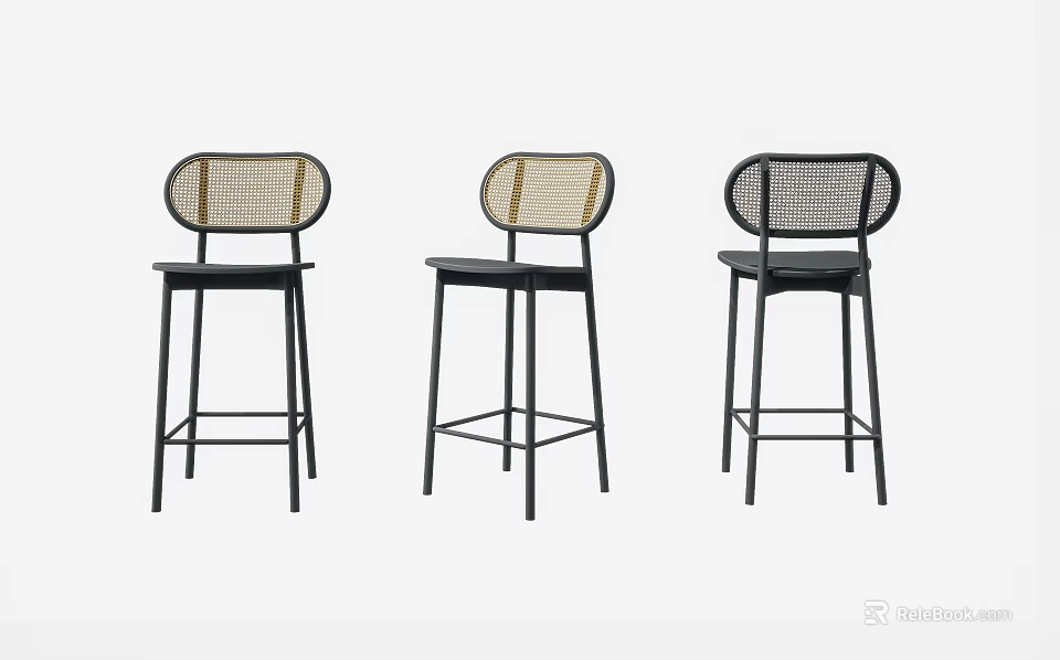 Set of Three Modern Bar Stools With Woven Backrest And Black Metal Frame 3d model 