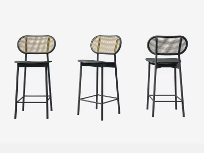 Set of Three Modern Bar Stools With Woven Backrest And Black Metal Frame 3d model