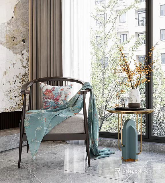 Comfortable Accent Chair In Living Room Interior With Floral Pillow Teal Blanket Gold Side Table And Window Trees View 3d model 