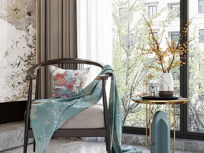 Comfortable Accent Chair In Living Room Interior With Floral Pillow Teal Blanket Gold Side Table And Window Trees View 3d model