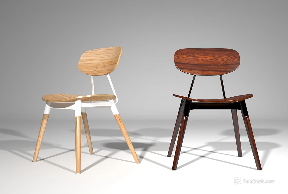 Modern Two Different Wooden Dining Chairs Featuring Light And Dark Wood Frames 3d model