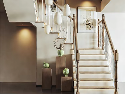 Staircase With Wooden Handrail White Steps Pendant Lights And Decorative Painting In Modern Interior 3d model
