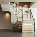 Staircase With Wooden Handrail White Steps Pendant Lights And Decorative Painting In Modern Interior