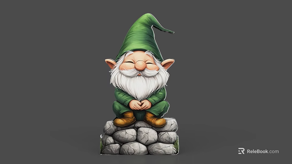 Game and Movie Character With Green Hat White Beard Closed Eyes Sitting On Stone Pedestal 3d model 
