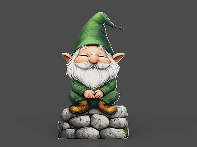 Game and Movie Character With Green Hat White Beard Closed Eyes Sitting On Stone Pedestal 3d model