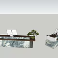 Modern Reception Desk With Marble Countertop Computers And Small Potted Plants 3d model