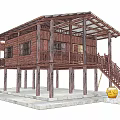 Wooden Two Story Guesthouse Building With Balcony And Lush Green Surroundings
