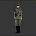 Man in Military Uniform Standing Tall with Rifle Against Grey Background