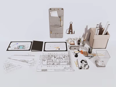Design Workspace Essentials Featuring Sketches Notebooks Stationery Ruler Pencils And Pen Holder 3d model