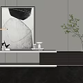 Minimalist TV Stand Featuring White Dark Finish Abstract Painting Green Plant and Table Lamp