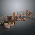 Rustic Outdoor Scene Components With Bamboo Fences Baskets Shield And Plants 3d model