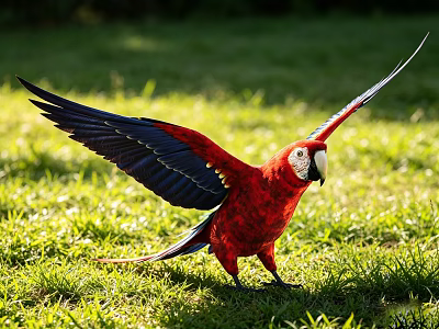 Scarlet Macaw Spreading Wings On Green Grassy Field In Natural Outdoor Setting 3d model