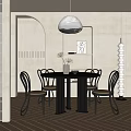 Modern Round Black Dining Table Set With Black Metal Chairs And Pendant Lamp
