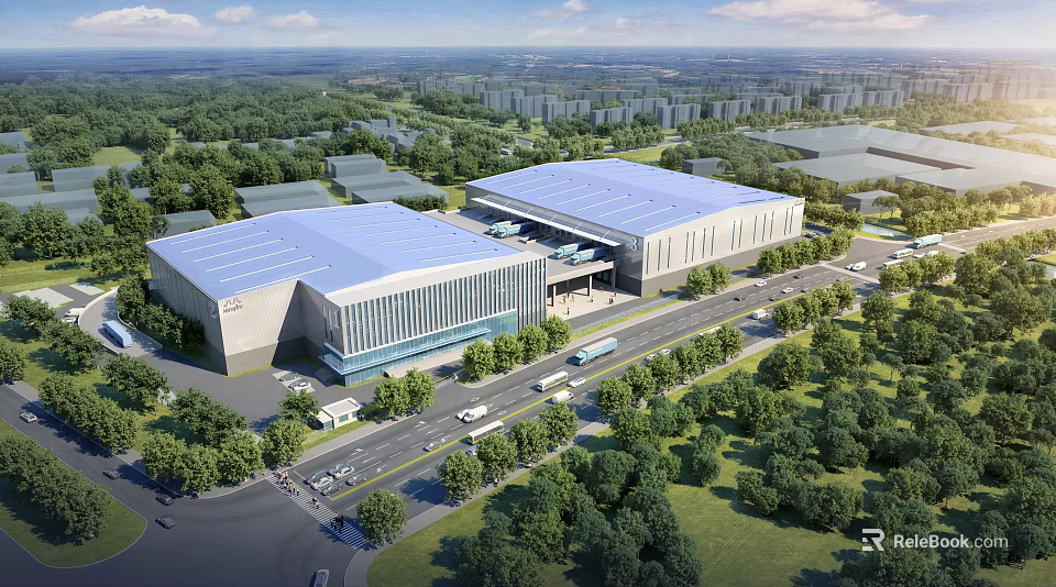 Modern Large Scale Industrial Factory Building With Flat Roof Green Surroundings And Access Roads 3d model 
