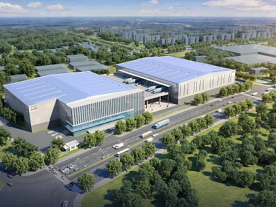 Modern Large Scale Industrial Factory Building With Flat Roof Green Surroundings And Access Roads 3d model