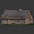 Traditional Wooden Building Exterior With Thatch Roof And Green Grass Around