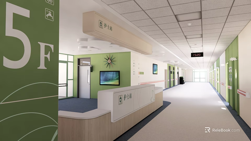 Hospital Corridor Interior With Green Walls Reception Desk TV Screen And Signage 3d model 