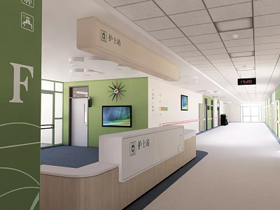 Hospital Corridor Interior With Green Walls Reception Desk TV Screen And Signage 3d model