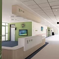 Hospital Corridor Interior With Green Walls Reception Desk TV Screen And Signage