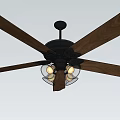 Ceiling Fan With Wooden Blades Black Body And Transparent Lampshades With Bulbs