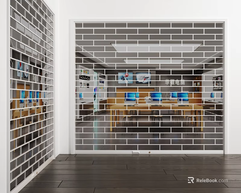 Modern Office Interior With Transparent Brick Wall Bookshelf And Computer Desks 3d model 
