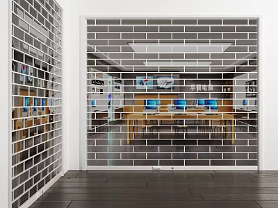 Modern Office Interior With Transparent Brick Wall Bookshelf And Computer Desks 3d model