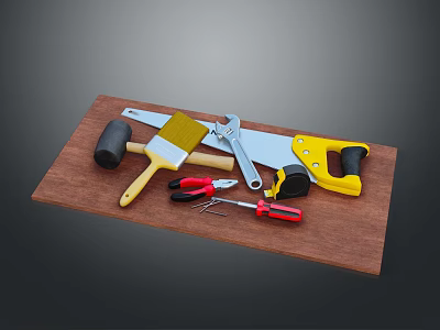 Essential Industrial Equipment Including Hammer Brush Wrench Saw And Screwdriver On Wooden Board 3d model