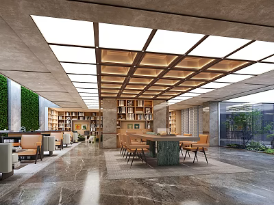 Modern Book Art Interior Design With Wooden Ceiling Green Plant Wall Bookshelves And Marble Floor 3d model