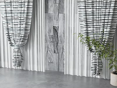Black And White Striped Curtains In Modern Interior With Stone Wall And Green Plant 3d model