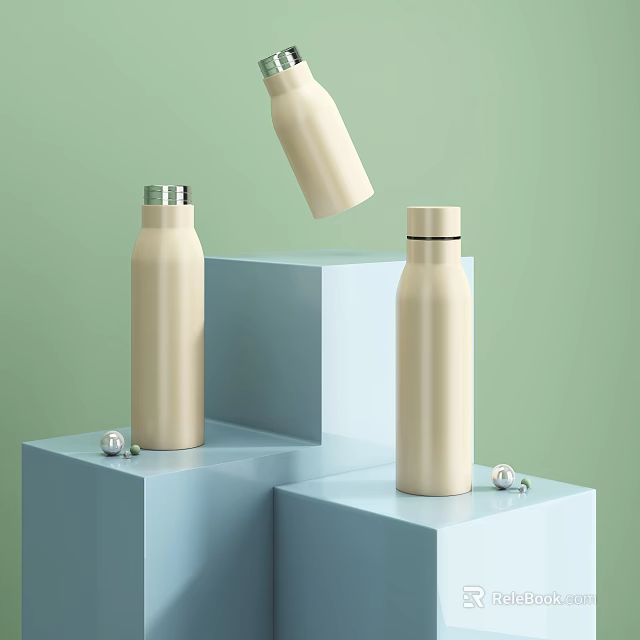Beige Insulated Bottles on Blue Display Stands with Light Green Background 3d model 