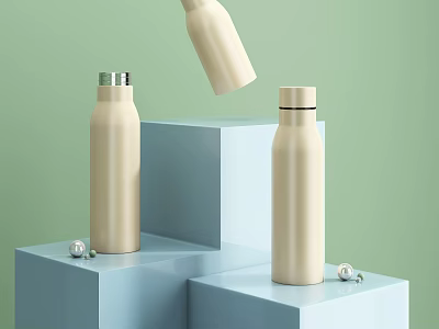 Beige Insulated Bottles on Blue Display Stands with Light Green Background 3d model