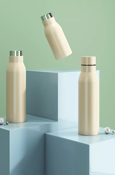 Beige Insulated Bottles on Blue Display Stands with Light Green Background 3d model