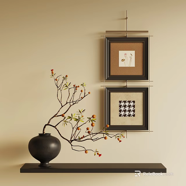 Two Decorative Frames Hanging On Wall With Artwork And Vase With Branches 3d model