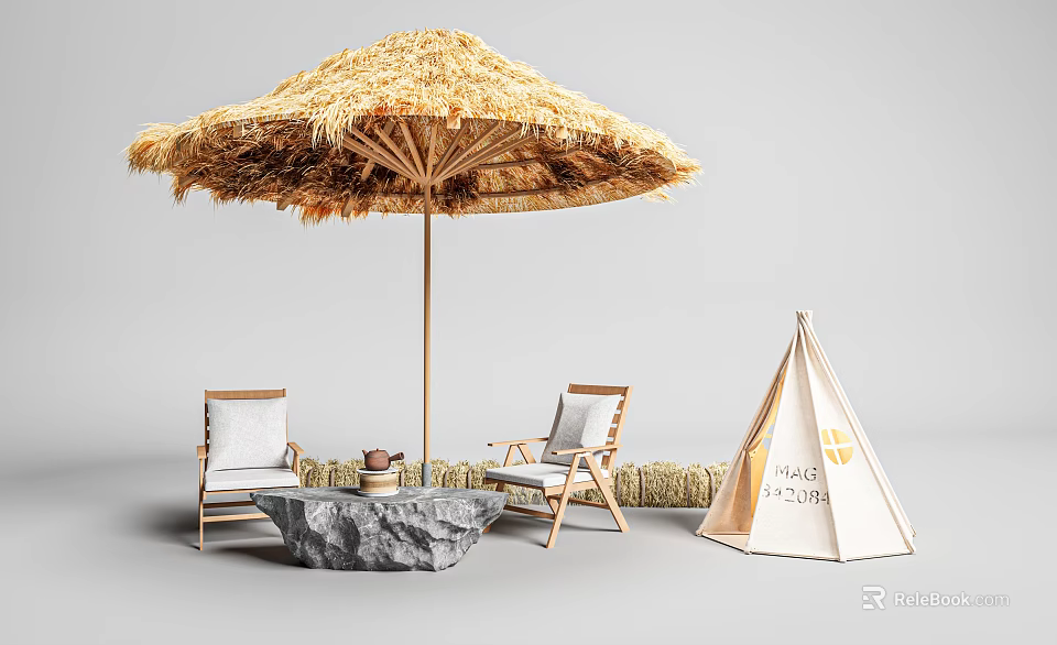 Cozy Camping Site With Straw Umbrella Wooden Chairs Stone Table Teepee Tent And Hay Bales 3d model 
