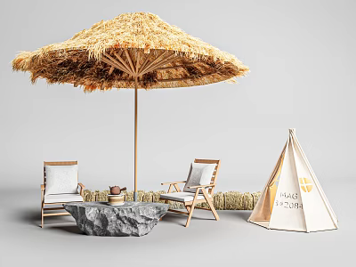 Cozy Camping Site With Straw Umbrella Wooden Chairs Stone Table Teepee Tent And Hay Bales 3d model