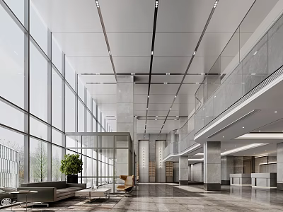 Elegant Modern Lobby Reception Desk Design With Glass Windows High Ceiling And Marble Flooring 3d model