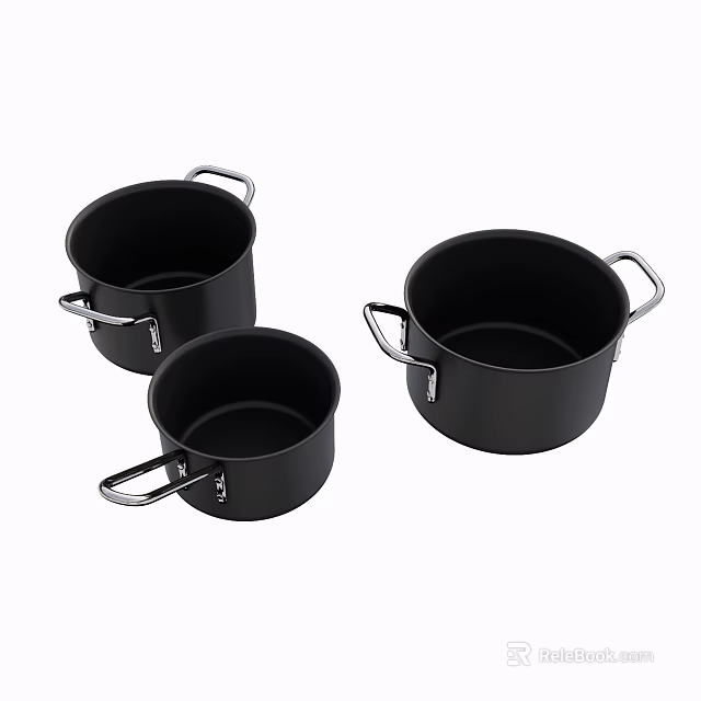 Set of Three Black Cooking Pots With Silver Metal Handles 3d model 