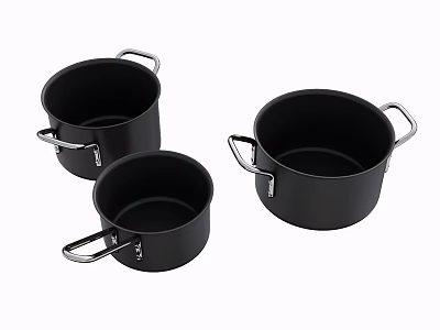 Set of Three Black Cooking Pots With Silver Metal Handles 3d model