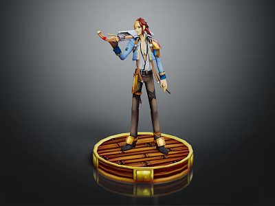 Red Haired Character In Blue Coat Holding Creature On Golden Wooden Base 3d model