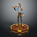Red Haired Character In Blue Coat Holding Creature On Golden Wooden Base