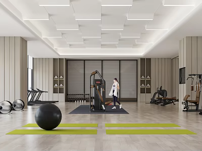 Spacious Indoor Gym With Various Fitness Equipment And Exercising Person 3d model