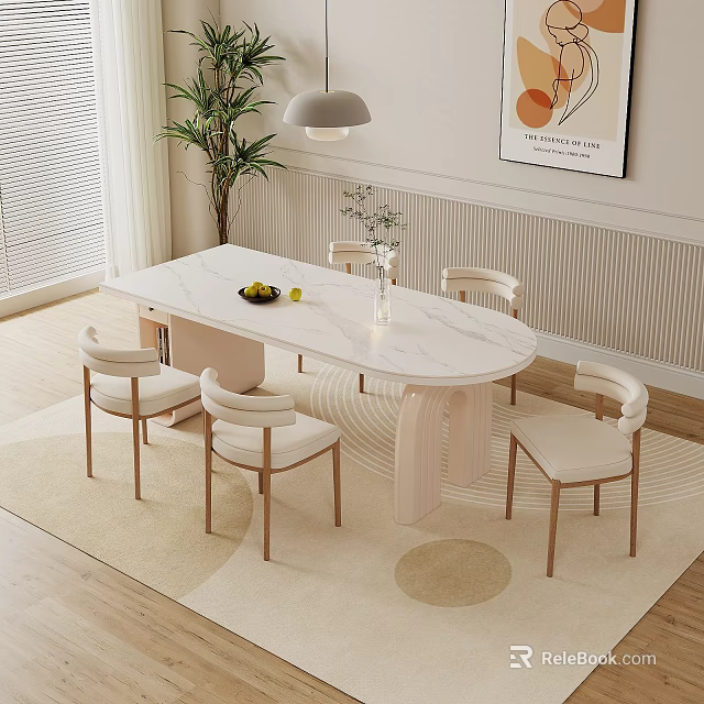 Modern Minimalist Dining Table Set With White Marble Tabletop Four Chairs Plant And Decorative Painting 3d model 