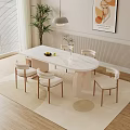 Modern Minimalist Dining Table Set With White Marble Tabletop Four Chairs Plant And Decorative Painting