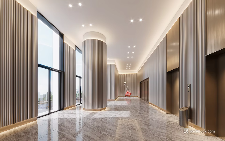 Modern Reception Area Design With Marble Floor Columns Large Windows And Elevators 3d model 